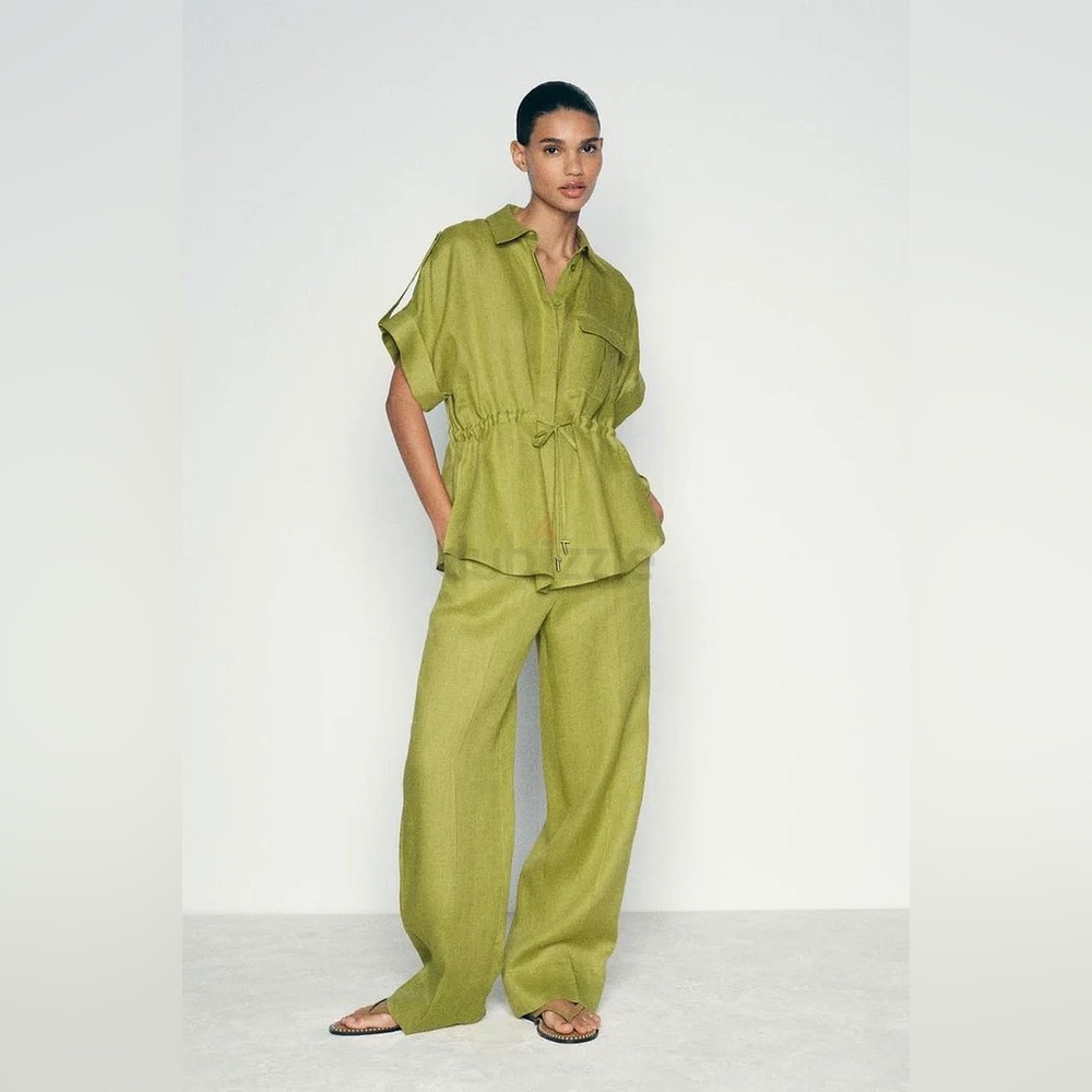 Zara Olive Green linen set, blouse + pants